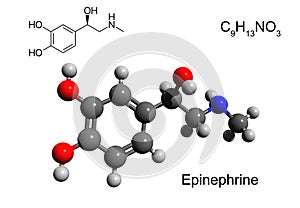 Chemical formula, structural formula and 3D ball-and-stick model of epinephrine photo