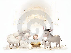 The Epiphany Day: A Serene Nativity Scene with Cartoon Animals photo