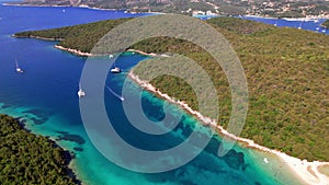 Epirus, Greece. Sivota - stunning aerial drone video of turquoise sea known as Blue Lagoo