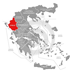 Epirus red highlighted in map of Greece