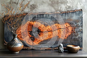 Epoxy wood art with orange resin details for modern home decoration.