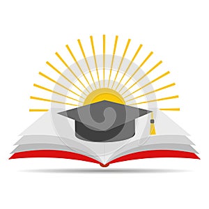 Education logo illustration. Open book with sun and shadow