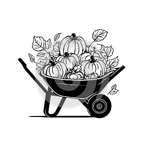 Autumn Leaves and Pumpkin Wheelbarrow Vector Icon