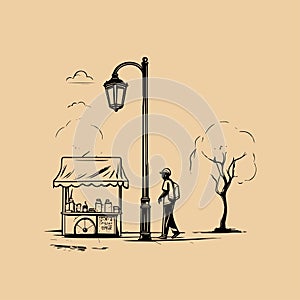 Street Tea Shop Scene Vector Icon Hand Drawn Style