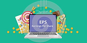 Eps earning per share stock business illustration with laptop and gold money coin goals falling from sky to reflect get