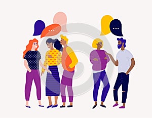 Flat vector illustration with young people characters with colorful dialog speech bubbles. Discussing, chatting, conversation, dia photo