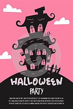 Halloween party poster, banner or invitation flyer with spooky haunted house. Vector illustration.