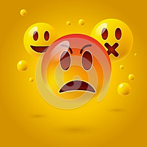Smiley face icons or yellow emoticons with emotional funny faces in glossy 3D realistic