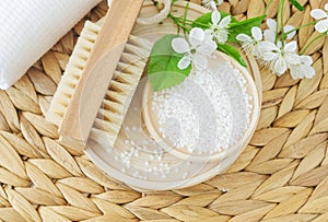 Epsom bath salt and wooden massage foot brush. Eco friendly toiletries set. Natural beauty treatment