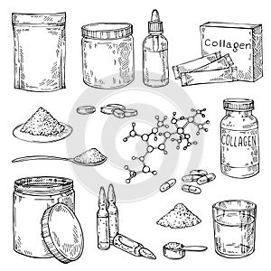 Sketch Collagen protein powder, helix molecule, pills, essential oils - Hydrolyzed. photo