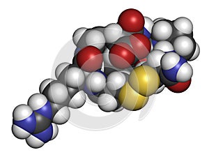 Eptifibatide anticoagulant drug molecule. 3D rendering. Atoms are represented as spheres with conventional color coding: hydrogen photo