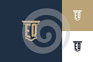 EQ monogram initials logo design with pillar icon. Attorney law logo design