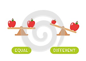 Equal and different word card vector template. Opposites concept. Flashcard for english language learning. T