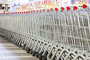 An equal number of shopping carts standing in the store