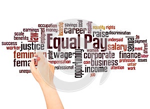 Equal pay word cloud and hand writing concept photo