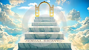 Equal rights as stairs to reach out to the heavenly gate for reward, success and happiness.Equal rights elevates and bri