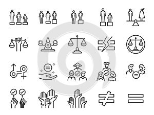 Equality and equity line icon set. Included the icons as gender, racial, sexual orientation, judge, equity, respect, and more.