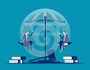 Equality and freedom measurement with person sitting on scales. Weights and lawyer hammer symbol