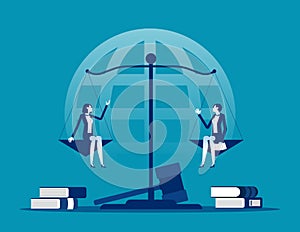 Equality and freedom measurement with person sitting on scales. Weights and lawyer hammer symbol