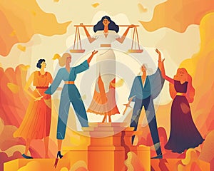 Equality and Justice Create an illustration advocating for gender equality and justice, with women and men working together to