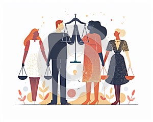 Equality and Justice Create an illustration advocating for gender equality and justice, with women and men working together to