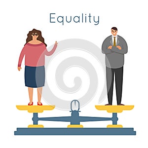 Equality men women equal rights male female characters balance scales weigher concept modern flat design vector