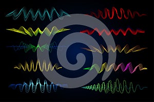 Equalizer vector illustration. Abstract wave icon set for music and sound. Pulsation color wavy motion lines on black background.