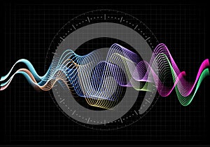 Equalizer vector illustration. Abstract wave icon set for music and sound. Pulsation color wavy motion lines on black