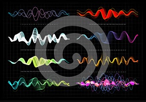 Equalizer vector illustration. Abstract wave icon set for music and sound. Pulsation color wavy motion lines on black photo