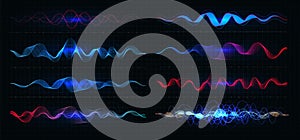 Equalizer vector illustration. Pulsation color wavy motion lines on black background. Radio frequency graph. Graphic photo