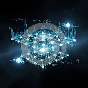 Equations like Qcc and CNOT are visible symbolizing quantum computing or