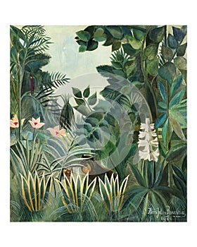 The equatorial jungle vintage illustration wall art print and poster design remix from original artwork by Henri Rousseau photo