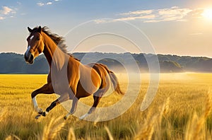 Equestrian Beauty: Horses Galloping Through a Golden Wheat Field.