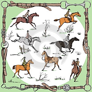 Equestrian belt frame with horse riders english style on landscape and sport fox hunting.