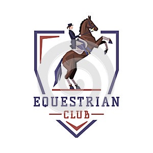 Equestrian Club Logo Design, Jockey Riding with Jumping Horse, Competition, Tournament Label, Emblem Vector Illustration