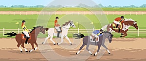 Equestrian competitions. Horse racing, hippodrome sport tournament, professional jockeys wearing helmets on racehorses, gallop and photo