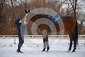 Equestrian country girl and her bay horse are in winter