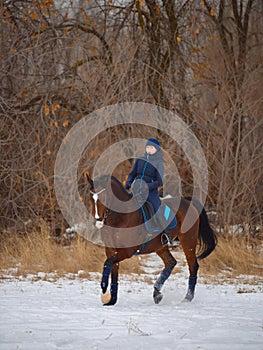 Equestrian country girl riding her bay horse in winter