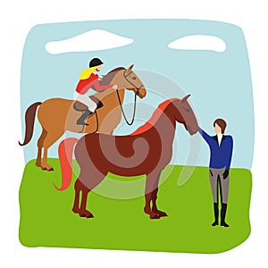 Equestrian, derby sport flat hand drawn color illustration. Stallion. Equestrianism. Racehorse hand drawn clipart. Horse racing co