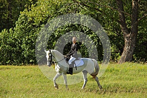 Equestrian girl in english style trial riding white dressage horse