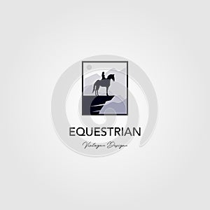 Equestrian on hill logo with nature background vector illustration