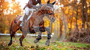 Equestrian jumping close up of rider clearing jump with precision and athleticism