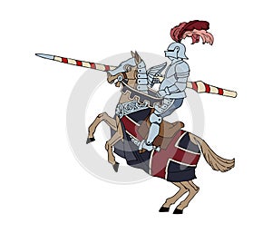 An equestrian knight at a festive tournament. A horseman in armor.