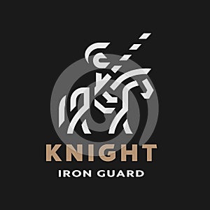 Equestrian knight, linear logo, symbol on a dark background. Vector illustration.