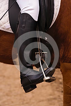 Equestrian leg in stirrup, riding attire, close-up