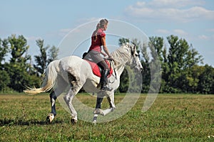 Equestrian model girl riding sportive dressage horse in summer fields