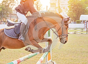 Equestrian rider horse jumping over hurdle obstacle during dressage test competition