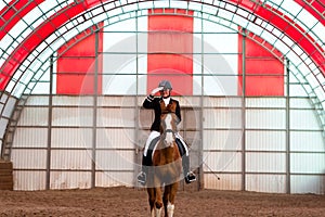 Equestrian rider saluting in indoor red arena