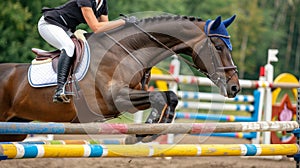 Equestrian rider showing precision and athleticism while jumping in a striking close up view.