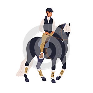 Equestrian riding horseback. Equine rider during horseriding, walk. Happy horseman, man on stallion, sitting in saddle